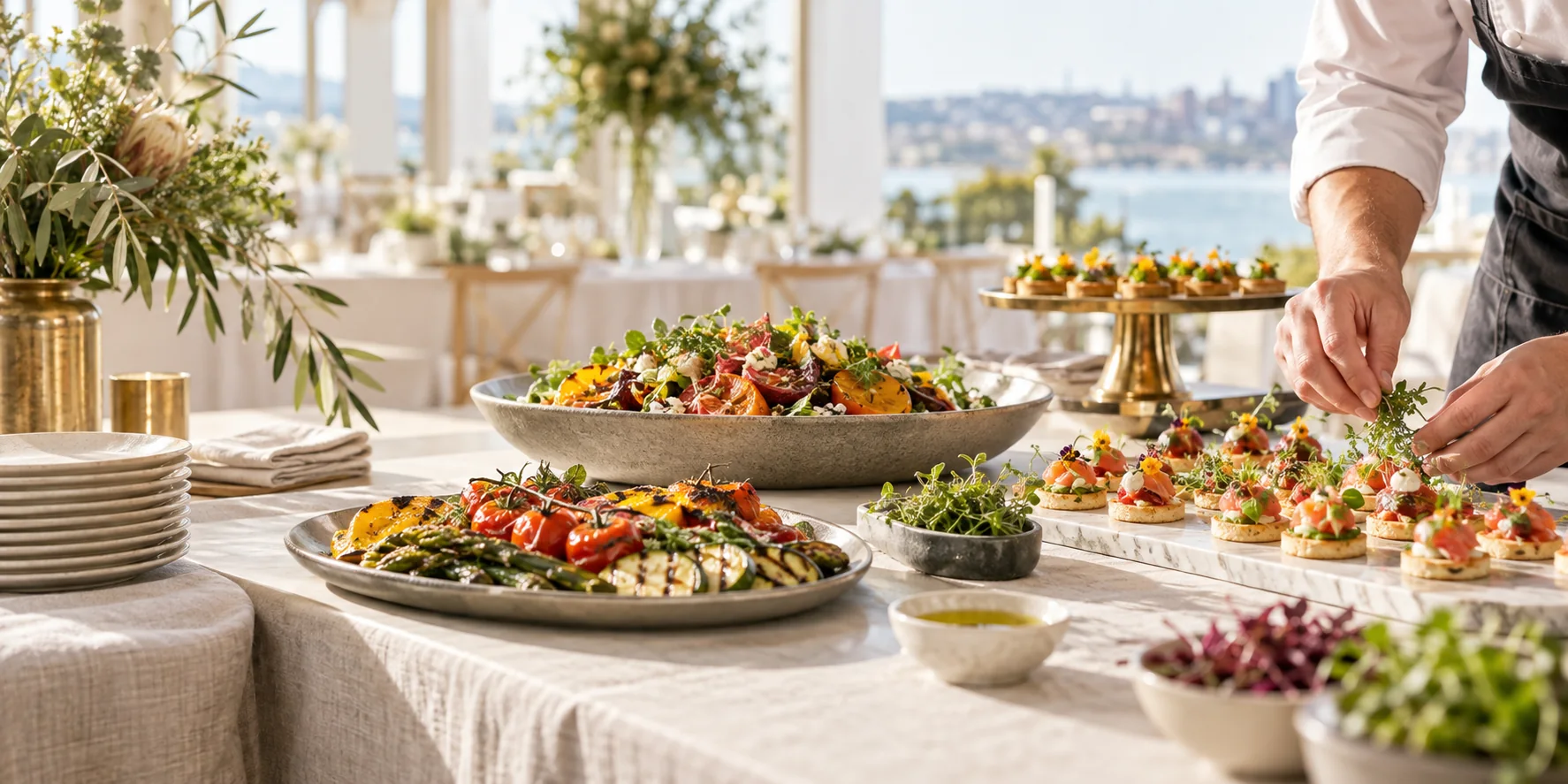 A chef preparing a bright catered event spread